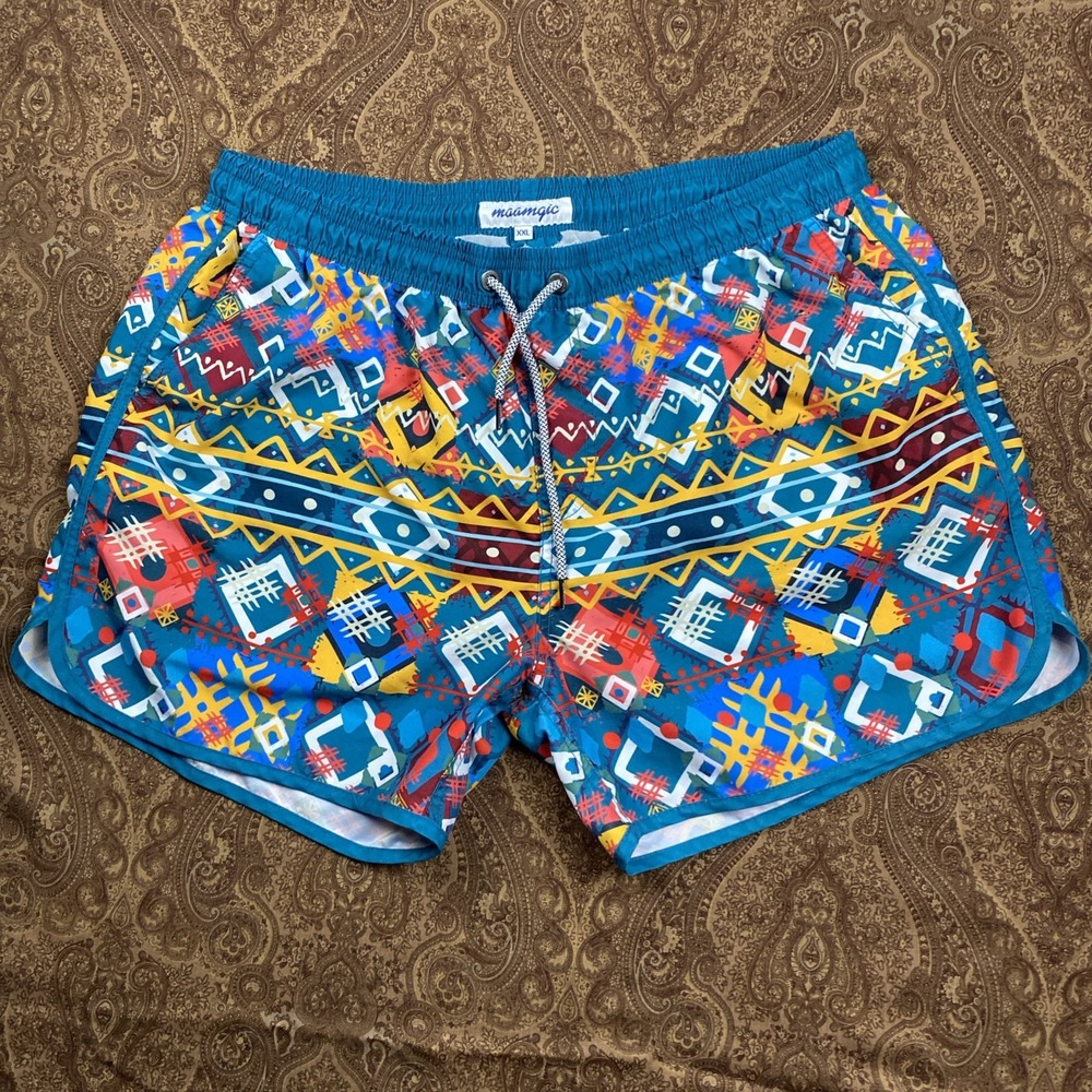 Maamgic Beach Club Mens XXL Multicolor Abstract 80s 90s Swim Trunks Mesh Lining
